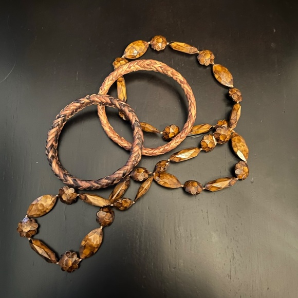 Vintage Lot Tortoise Beaded Celluloid Necklace & 2 Basket Weave Bangle Bracelets - Picture 3 of 11